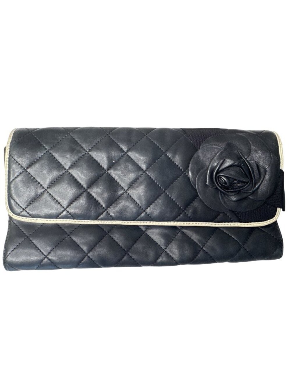 DKNY Black Quilted Leather Clutch Purse With Rose Detail & Missing Chain Shoulde